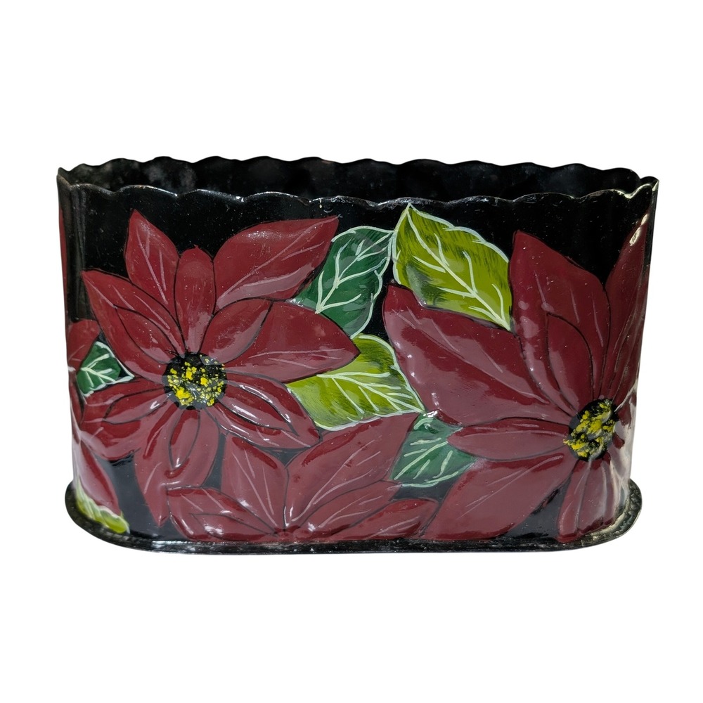 Vintage 1993 Hosley Sculptures Poinsettia Metal Tin Planter Scalloped Oval